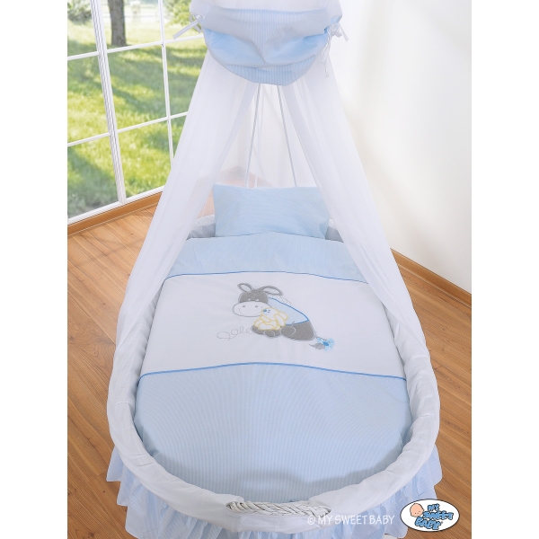 Babywieg op Wielen / Rieten Babymand met Hemeltje -  Blauw Ezel Luca