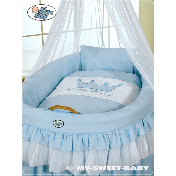 Babywieg op Wielen / Rieten Babymand met Hemeltje -  Blauw Little Prince Princess