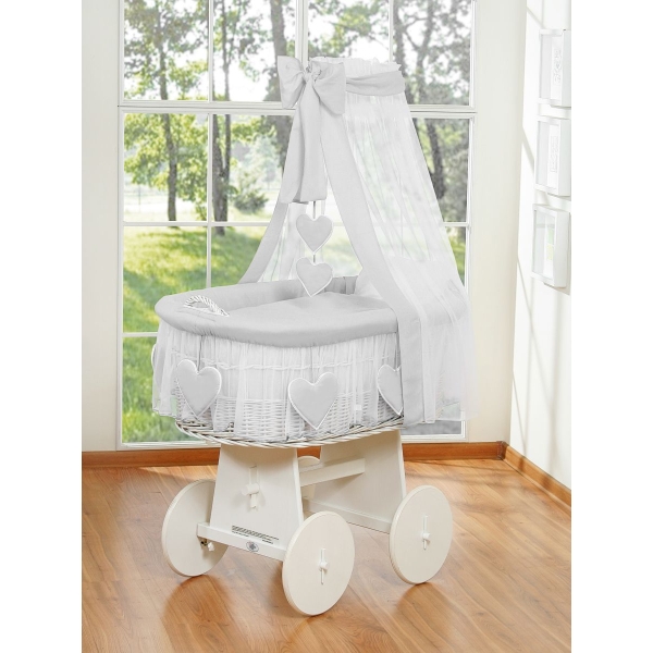 Babywieg op Wielen / Rieten Babymand met Hemeltje  Grijs Amelie