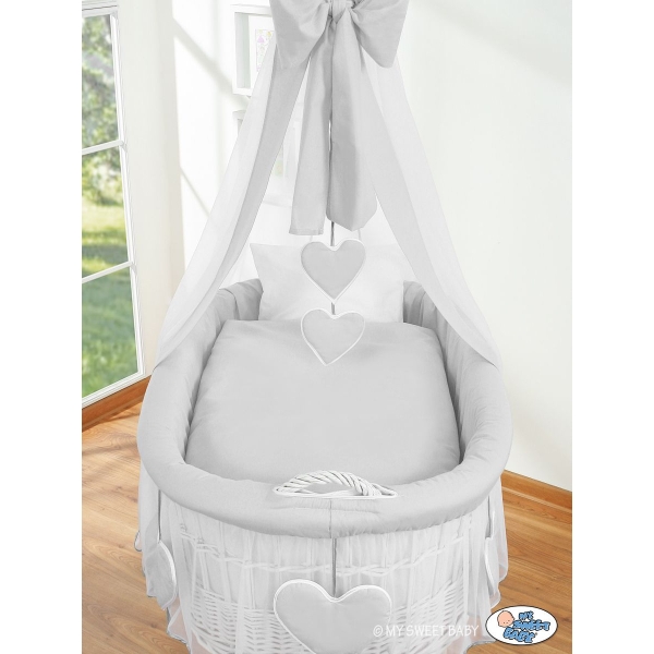 Babywieg op Wielen / Rieten Babymand met Hemeltje  Grijs Amelie