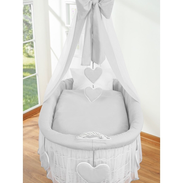 Babywieg op Wielen / Rieten Babymand met Hemeltje  Grijs Amelie