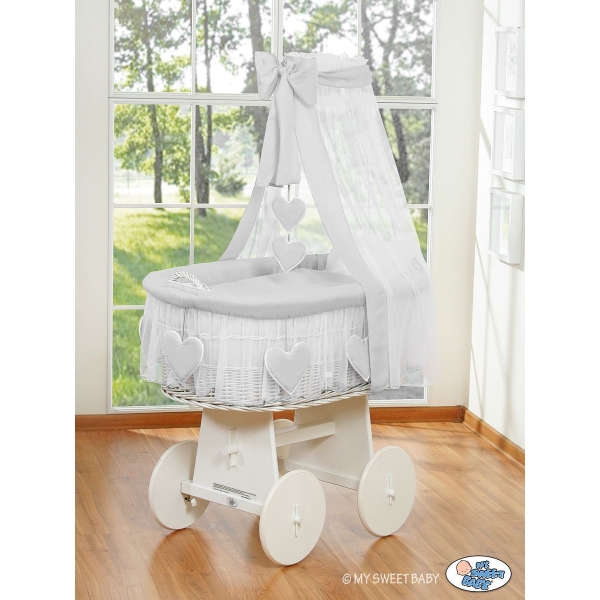 Babywieg op Wielen / Rieten Babymand met Hemeltje  Grijs Amelie