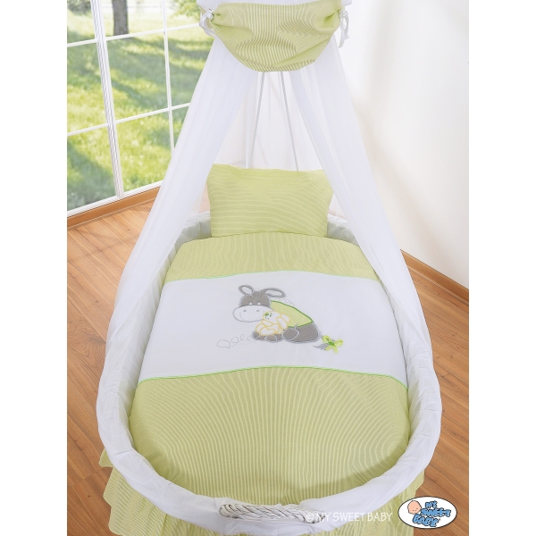 Babywieg op Wielen / Rieten Babymand met Hemeltje -  Groen Ezel Luca