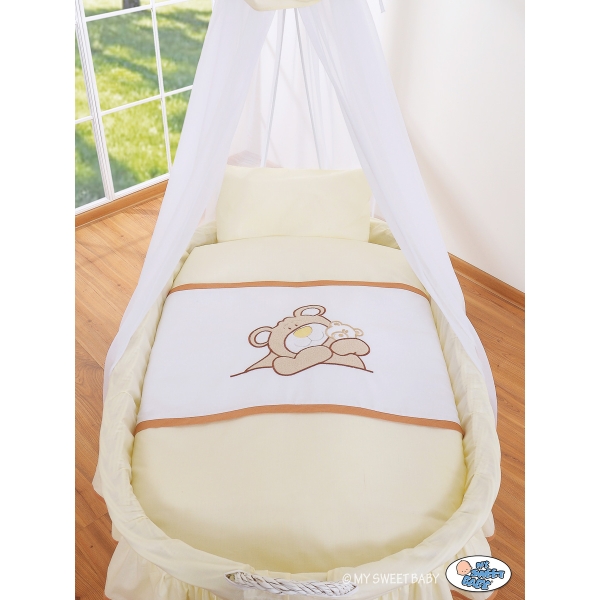 Babywieg op Wielen / Rieten Babymand met Hemeltje -  Ivoor Teddy Bear Branaba