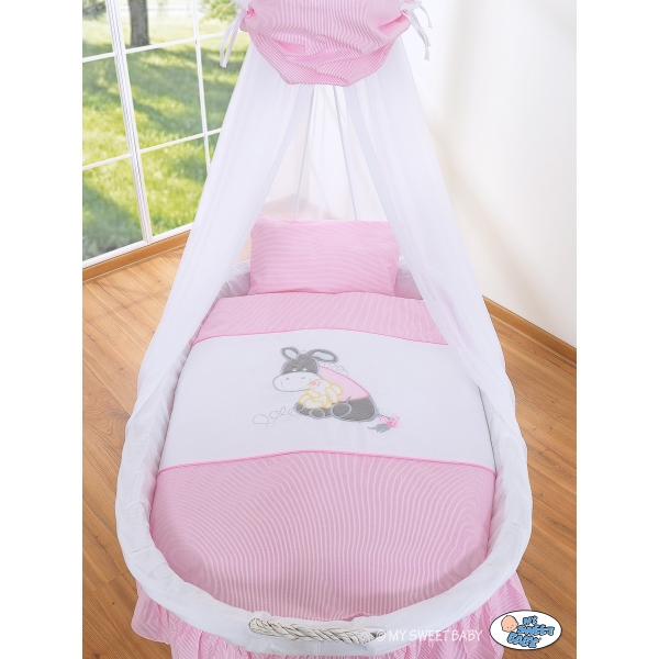 Babywieg op Wielen / Rieten Babymand met Hemeltje -  Roze Ezel Luca