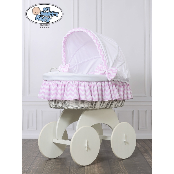 Babywieg op Wielen / Rieten en Houten Wieg - met Kap - Beddengoed