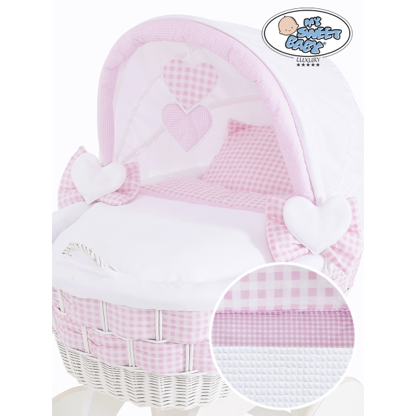 Babywieg op Wielen / Rieten en Houten Wieg - met Kap - Beddengoed