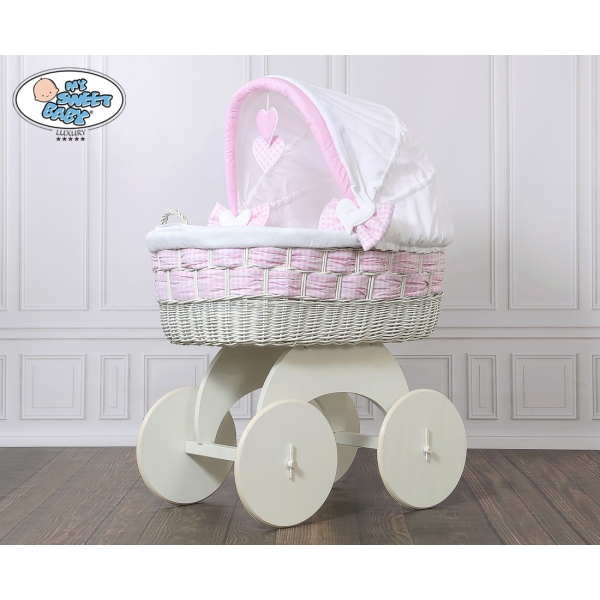 Babywieg op Wielen / Rieten en Houten Wieg - met Kap - Beddengoed