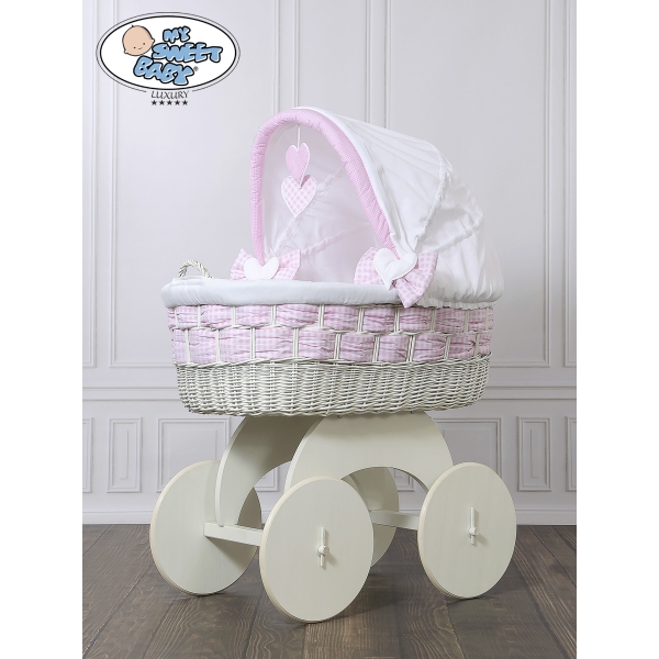 Babywieg op Wielen / Rieten en Houten Wieg - met Kap - Beddengoed