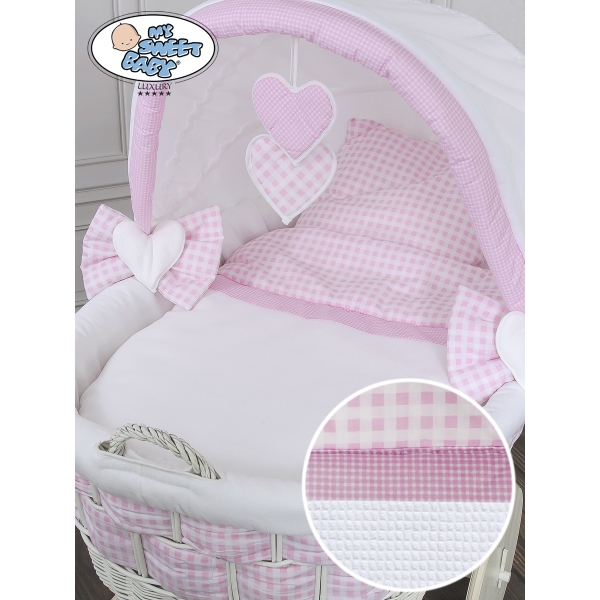 Babywieg op Wielen / Rieten en Houten Wieg - met Kap - Beddengoed