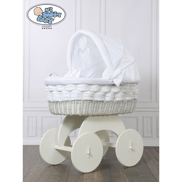 Babywieg op Wielen / Rieten en Houten Wieg - met Kap - Beddengoed Bianca