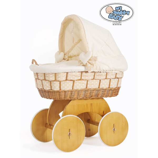 Babywieg op Wielen / Rieten en Houten Wieg - met Kap - Beddengoed Isabella