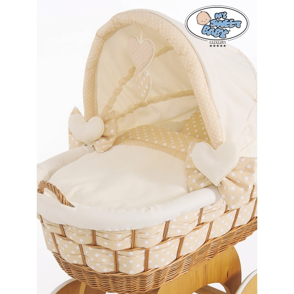 Babywieg op Wielen / Rieten en Houten Wieg - met Kap - Beddengoed Isabella