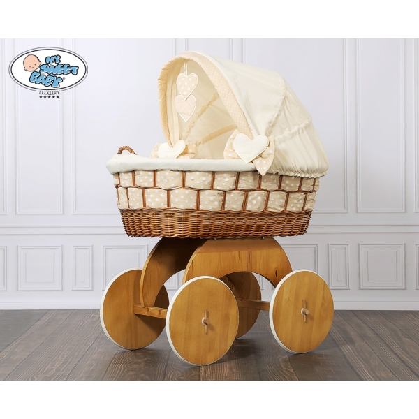 Babywieg op Wielen / Rieten en Houten Wieg - met Kap - Beddengoed Isabella