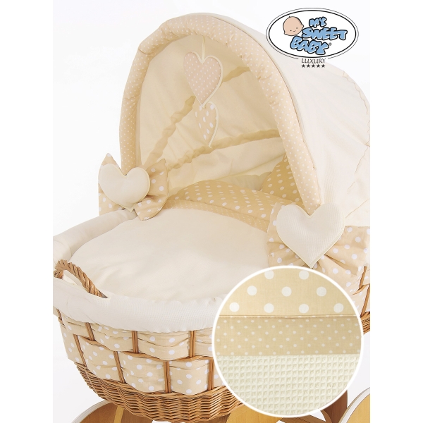 Babywieg op Wielen / Rieten en Houten Wieg - met Kap - Beddengoed Isabella