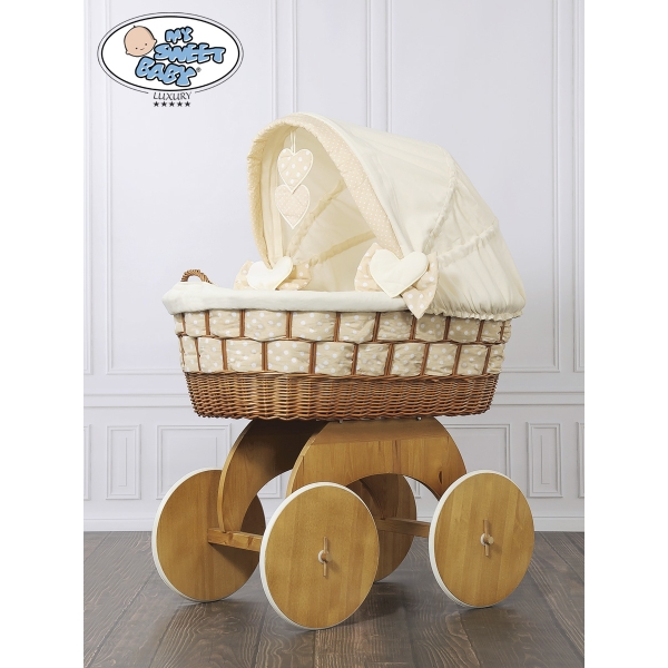 Babywieg op Wielen / Rieten en Houten Wieg - met Kap - Beddengoed Isabella