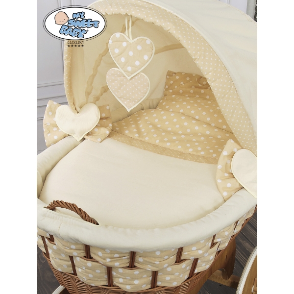 Babywieg op Wielen / Rieten en Houten Wieg - met Kap - Beddengoed Isabella