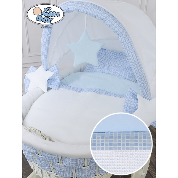 Babywieg op Wielen / Rieten en Houten Wieg - met Kap - Beddengoed Isabella