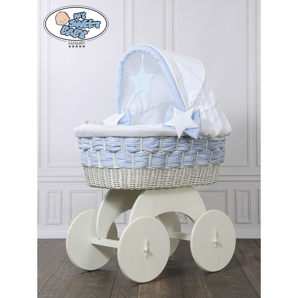 Babywieg op Wielen / Rieten en Houten Wieg - met Kap - Beddengoed Isabella