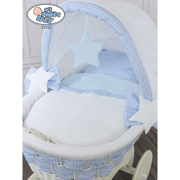 Babywieg op Wielen / Rieten en Houten Wieg - met Kap - Beddengoed Isabella