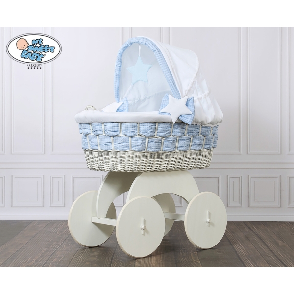 Babywieg op Wielen / Rieten en Houten Wieg - met Kap - Beddengoed Isabella