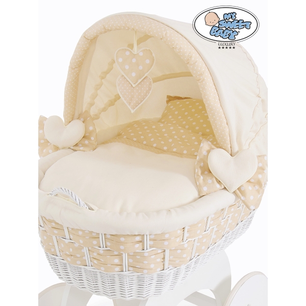 Babywieg op Wielen / Rieten en Houten Wieg - met Kap - Beddengoed Isabella