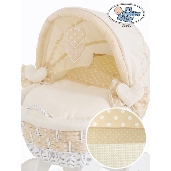 Babywieg op Wielen / Rieten en Houten Wieg - met Kap - Beddengoed Isabella
