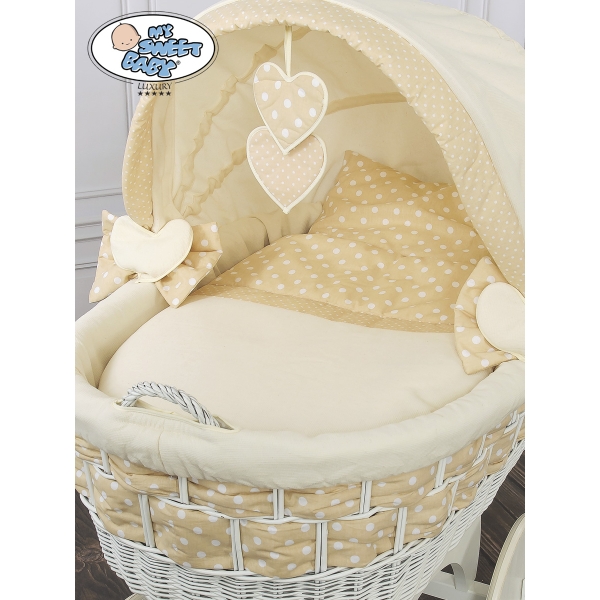 Babywieg op Wielen / Rieten en Houten Wieg - met Kap - Beddengoed Isabella