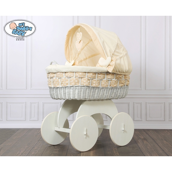 Babywieg op Wielen / Rieten en Houten Wieg - met Kap - Beddengoed Isabella