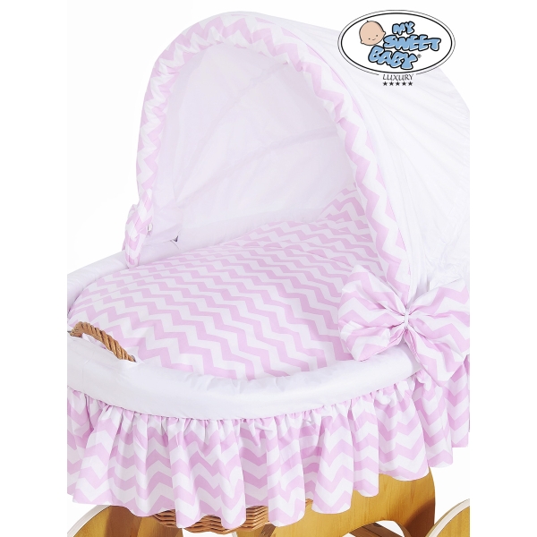 Babywieg op Wielen / Rieten en Houten Wieg - met Kap - Beddengoed Roze Hanna