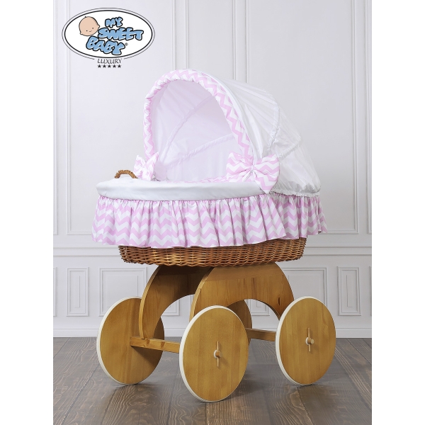 Babywieg op Wielen / Rieten en Houten Wieg - met Kap - Beddengoed Roze Hanna