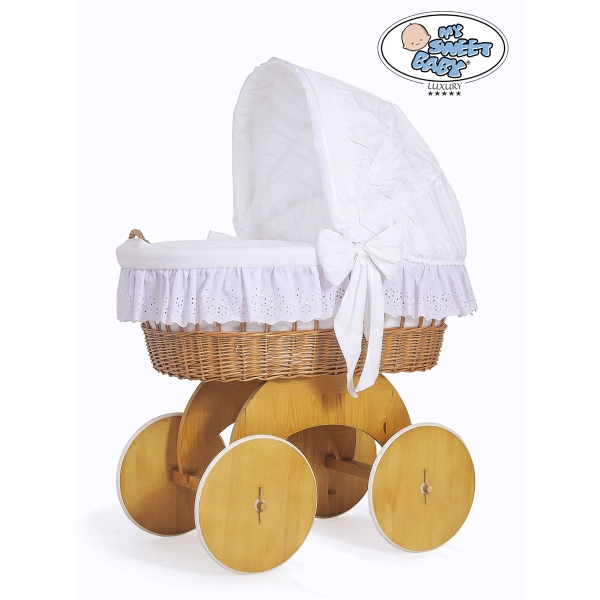 Babywieg op Wielen / Rieten en Houten Wieg - met Kap - Beddengoed Sophia
