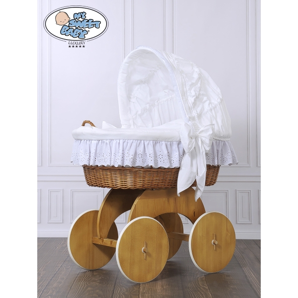 Babywieg op Wielen / Rieten en Houten Wieg - met Kap - Beddengoed Sophia