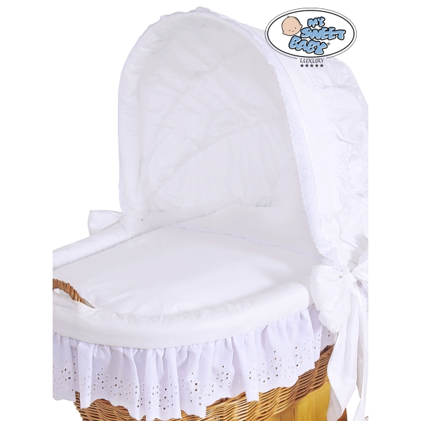 Babywieg op Wielen / Rieten en Houten Wieg - met Kap - Beddengoed Sophia