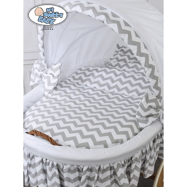 Babywieg op Wielen / Rieten en Houten Wieg - met Kap - Beddengoed Wit Grijs Hanna
