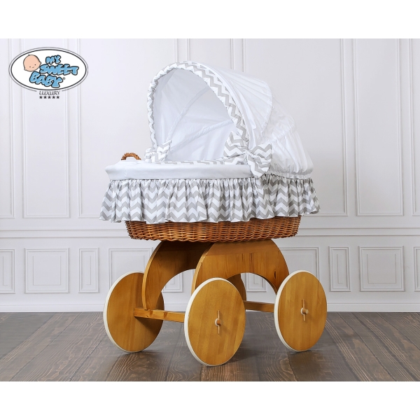 Babywieg op Wielen / Rieten en Houten Wieg - met Kap - Beddengoed Wit Grijs Hanna