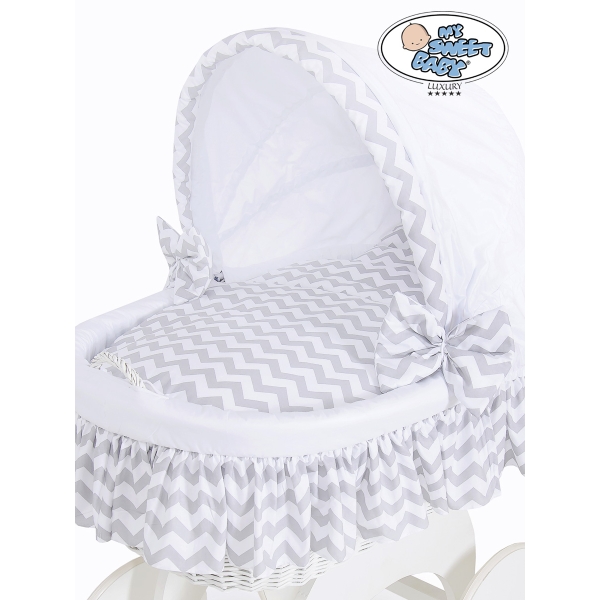 Babywieg op Wielen / Rieten en Houten Wieg - met Kap - Beddengoed Wit Grijs Hanna