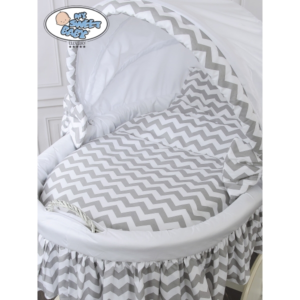 Babywieg op Wielen / Rieten en Houten Wieg - met Kap - Beddengoed Wit Grijs Hanna