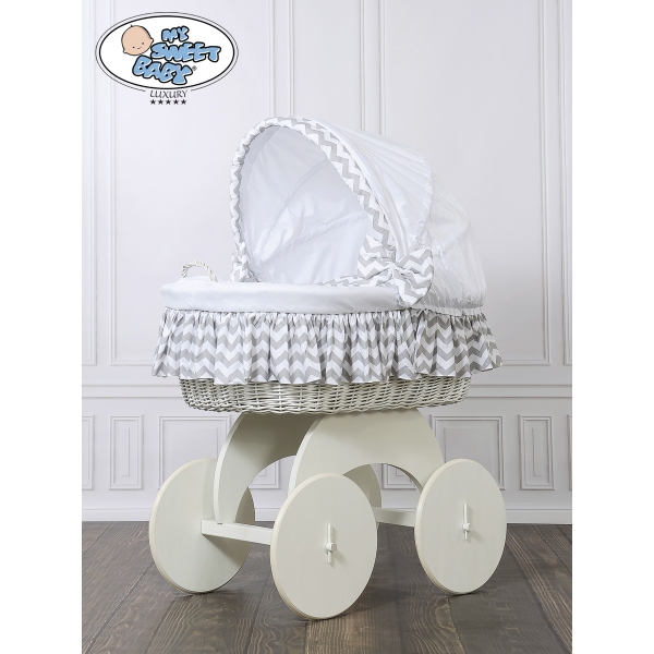 Babywieg op Wielen / Rieten en Houten Wieg - met Kap - Beddengoed Wit Grijs Hanna