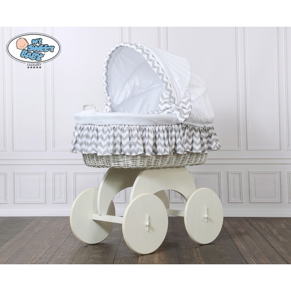 Babywieg op Wielen / Rieten en Houten Wieg - met Kap - Beddengoed Wit Grijs Hanna