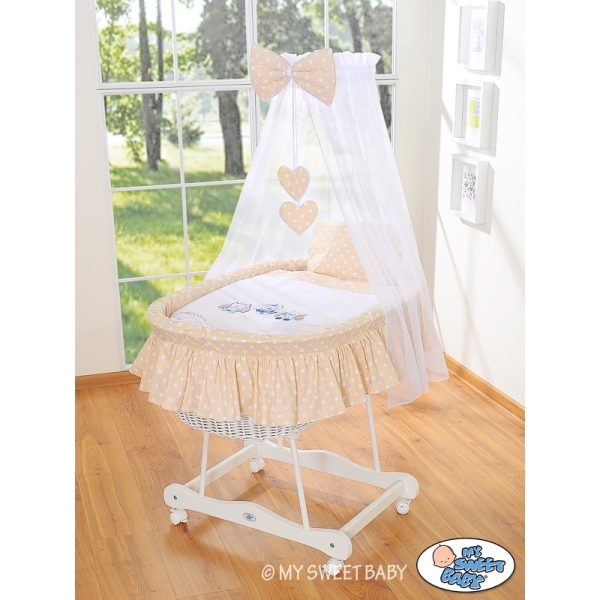 Babywieg op Wielen / Rieten Kribbe met Hemeltje -  Beige Gelukkige Uilen