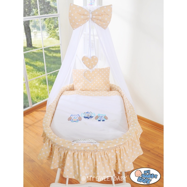 Babywieg op Wielen / Rieten Kribbe met Hemeltje -  Beige Gelukkige Uilen