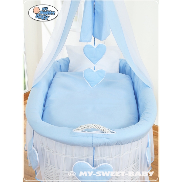 Babywieg op Wielen / Rieten Kribbe met Hemeltje Blauw Amelie