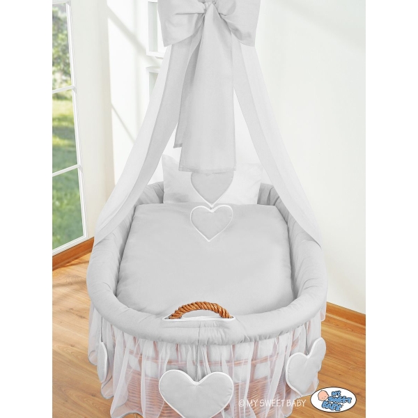 Babywieg op Wielen / Rieten Kribbe met Hemeltje Grijs Amelie