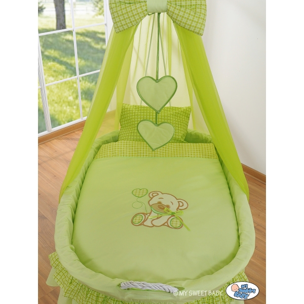 Babywieg op Wielen / Rieten Kribbe met Hemeltje -  Groen Bear With Bow