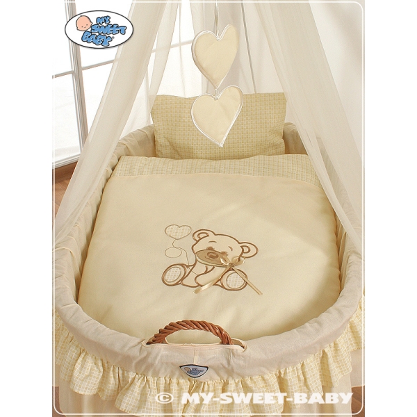 Babywieg op Wielen / Rieten Kribbe met Hemeltje -  Ivoor Bear With Bow