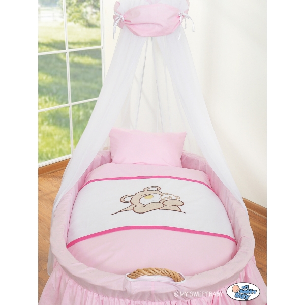 Babywieg op Wielen / Rieten Kribbe met Hemeltje -  Roze Teddy Bear Branaba