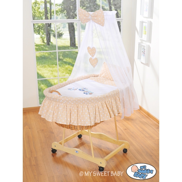 Babywieg op Wielen / Rieten Wieg met Hemeltje -  Beige Gelukkige Uilen