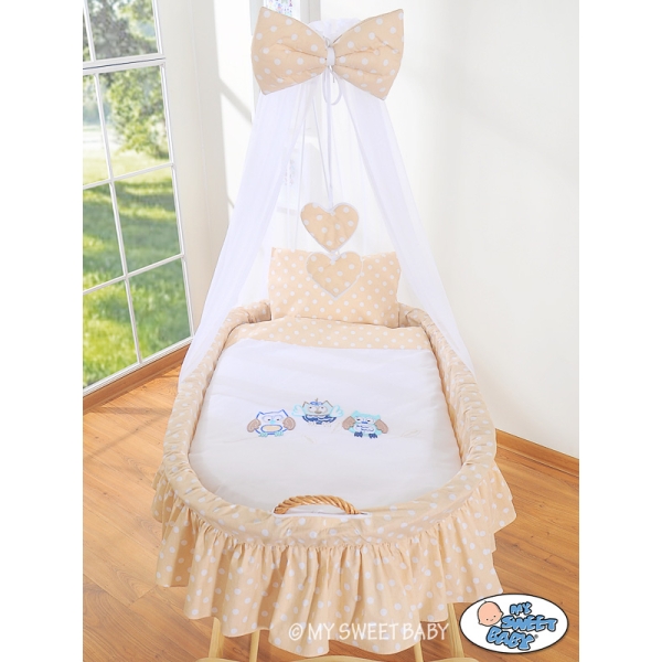 Babywieg op Wielen / Rieten Wieg met Hemeltje -  Beige Gelukkige Uilen
