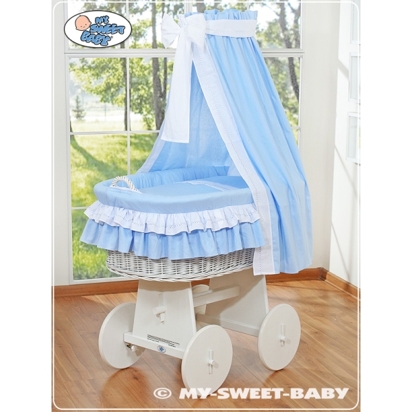 Babywieg op Wielen / Rieten Wieg met Hemeltje Blauw Bellamie